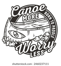 Monochrome line art emblem featuring a stylized canoe overlaid for camping and hiking enthusiasts who love the wild.