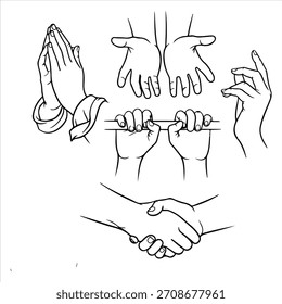 Monochrome line art featuring multiple hand gestures such as praying, open palms, gripping, and a handshake, illustrating various forms of human interaction and expression.