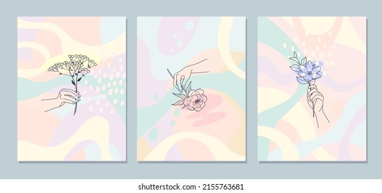 Monochrome line art female hands holding flowers colorful background   Set abstract floral compositions for wall decor  poster design   Vector minimalistic illustration in pastel colors  