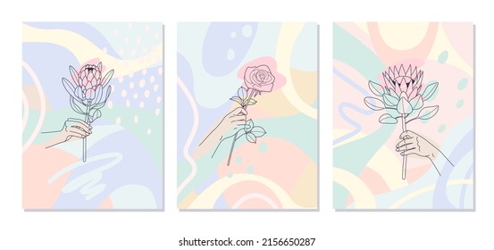 Monochrome line art female hands holding flowers on colorful background.  Set of abstract floral compositions for wall decor, poster design.  Vector minimalistic illustration in pastel colors. 