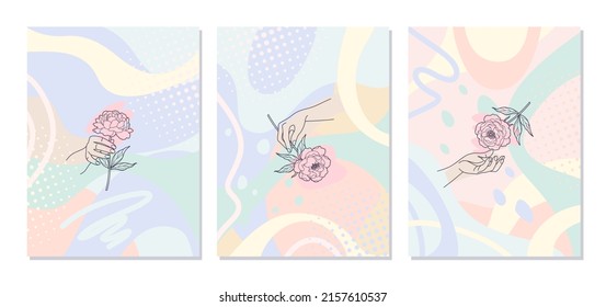 Monochrome line art female hands holding flowers on colorful background.  Set of abstract floral compositions for wall decor, poster design.  Vector minimalistic illustration in pastel colors. 