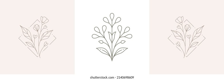 Monochrome line art floral emblem at rhombus frame hand drawn decorative design wedding pastel greeting card set. Simple natural blossom plant with stem, buds and leaves for gardening decor label