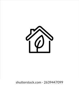 Monochrome line art of a house silhouette with an integrated leaf, symbolizing green living and eco-friendly homes. Isolated on a white background.