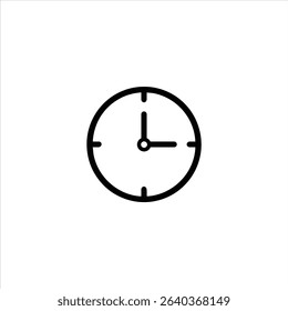 A monochrome line art icon of an analog clock face showing a quarter past the hour, indicating a fifteen-minute interval. Isolated on a white background.