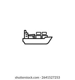 A monochrome line art icon of a cargo ship silhouette with hull, bridge, and stacked container indicators. Isolated on a white background.