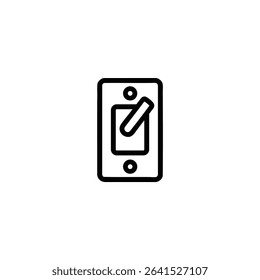 A monochrome line art icon of a circuit breaker switch, a small rectangular base with a single toggle switch lever. Isolated on a white background.