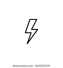 A monochrome line art icon of a classic lightning bolt symbol with sharp, zigzagging lines, representing power or electricity. Isolated on a white background.