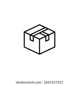 A monochrome line art icon of a closed cardboard box shown from a slight isometric perspective with top flaps meeting. Isolated on a white background.