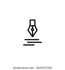 A monochrome line art icon for content creation, a simplified pen nib outline over three short parallel horizontal lines representing text. Isolated on a white background.