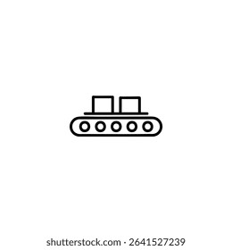 A monochrome line art icon of a conveyor belt segment with rollers underneath and two square boxes on top. Isolated on a white background.