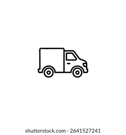 A monochrome line art icon of a delivery van in a simple side outline with wheels and cab window outlines. Isolated on a white background.