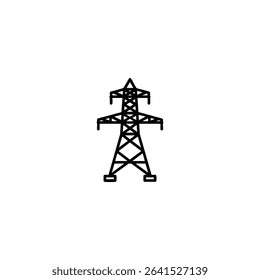 A monochrome line art icon of an electricity transmission tower in a simplified, symmetrical lattice structure silhouette. Isolated on a white background.