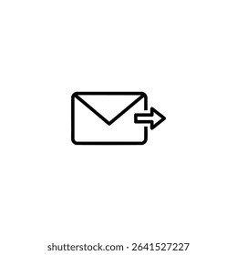 A monochrome line art icon of an envelope with a small bold arrow pointing outwards, symbolizing an outgoing email campaign. Isolated on a white background.