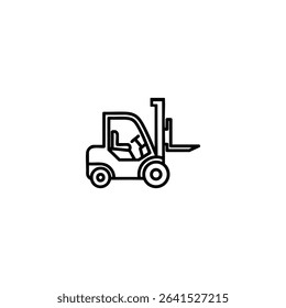 A monochrome line art icon of a forklift in a simplified side profile with raised forks. Isolated on a white background.