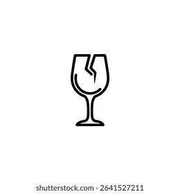 A monochrome line art icon for 'Fragile,' depicting the standard symbol of a wine glass silhouette with a crack. Isolated on a white background.