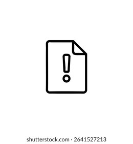 A monochrome line art icon for a grievance, a document icon with a simple bold exclamation mark outline in its center. Isolated on a white background.