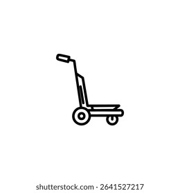 A monochrome line art icon of a hand truck or dolly in a simplified side profile with base plate, wheels, and handle. Isolated on a white background.