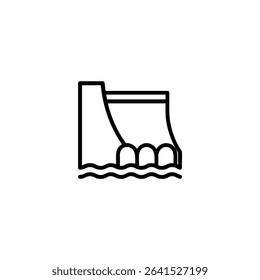 A monochrome line art icon of a hydroelectric dam, a bold wall silhouette with small archways for water outlets. Isolated on a white background.