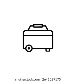 A monochrome line art icon of a portable generator, a simple rectangular boxy outline with a handle and wheel outlines. Isolated on a white background.