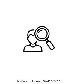 A monochrome line art icon for recruitment, a magnifying glass outline over a highly simplified abstract head-and-shoulders silhouette. Isolated on a white background.