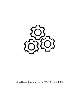 A monochrome line art icon representing team collaboration, showing three simple identical gear outlines interlocked in a triangular formation. Isolated on a white background.