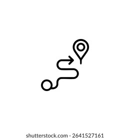 A monochrome line art icon representing route optimization with a winding arrow path from a start circle to a target symbol. Isolated on a white background.