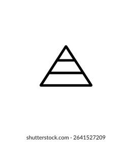 A monochrome line art icon representing hierarchy, a simple pyramid divided into three horizontal tiers or levels. Isolated on a white background.