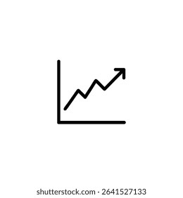 A monochrome line art icon showing a simple line graph with a clear upward trajectory and an arrowhead pointing up and right. Isolated on a white background.