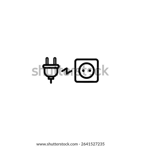 A monochrome line art icon showing a power plug and an electrical outlet separated by a gap with a zigzag line indicating disconnection. Isolated on a white background.