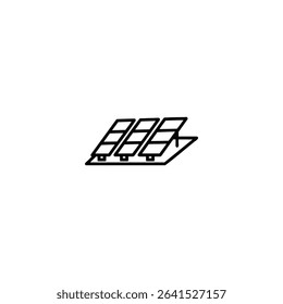 A monochrome line art icon of a solar panel array, with three or four rectangular panels angled side-by-side. Isolated on a white background.