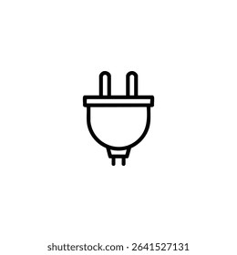 A monochrome line art icon of a Type F (Schuko) power plug with a round outline, two prongs, and grounding clips. Isolated on a white background.