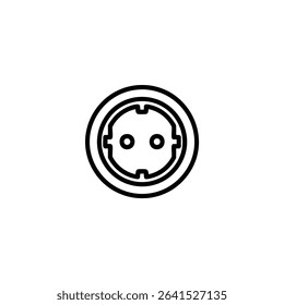 A monochrome line art icon of a Type F (Schuko) electrical wall socket, a circular indent with pinholes and grounding clips. Isolated on a white background.