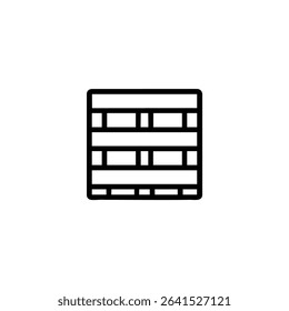 A monochrome line art icon of a wooden pallet seen from a top-down perspective, showing planks and block supports. Isolated on a white background.