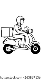 A monochrome line art illustration of a delivery person on a scooter. Perfect for representing courier services, logistics, or fast transport in a minimalist style.