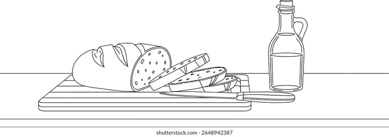 Monochrome Line Art Illustration of Sliced Bread, Knife, and Olive Oil Bottle on Cutting Board