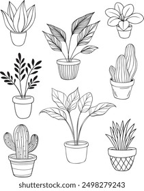 Monochrome line art illustration of various potted houseplants. This vector image features hand-drawn sketches of different indoor plants, including succulents, cacti, and leafy plants