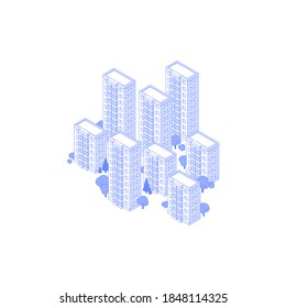 Monochrome line art isometric high-rise residential area illustration. big condo yard with trees around