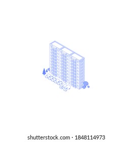 Monochrome line art isometric high-rise residential house illustration. Apartment house yard with trees and parking