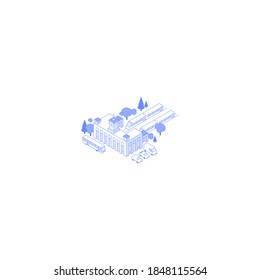 Monochrome line art isometric railway station building illustration. Train station outside with trees bus stop and parking