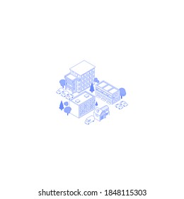 Monochrome line art isometric residential area illustration. Condo yard with trees and parking