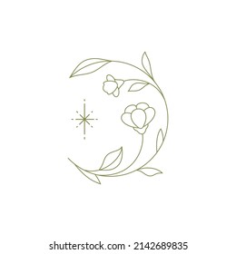 Monochrome line art logo may lily with circle stem and leaves bright star simple emblem for cosmetic beauty salon vector illustration. Linear logo wellness spa studio for relaxing meditation skincare