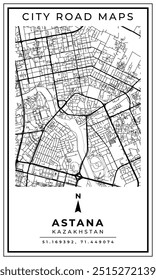 Mapa de arte de linha monocromática de Astana Capital do Cazaquistão, Ilustração e decoração de casa