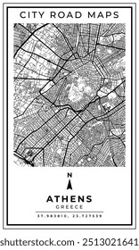 Mapa de arte de linha monocromática da capital de Atenas da Grécia, ilustração e decoração de casa