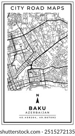 Mapa de arte de linha monocromática de Baku capital do Azerbaijão, ilustração e decoração de casa