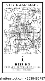 Monochrome Line Art Map of Beijing City People Republic of China, Illustration and home decoration