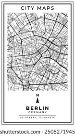 Mapa de arte de línea monocromática de la ciudad de Berlín, Alemania, Ilustración y decoración del hogar