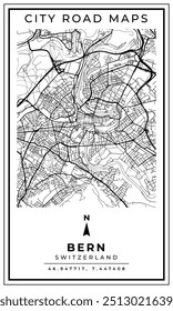 Monochrome Line Art Map of Bern City of Switzerland, Illustration and home decoration