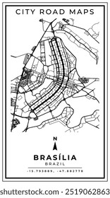 Monochrome Linie Kunst Karte von Brasilia Stadt von Brasilien, Illustration und Dekoration zu Hause