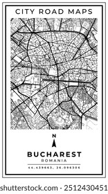 Mapa de arte de linha monocromática da capital de Bucareste, Romênia, ilustração e decoração de casa