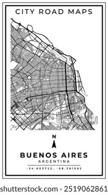 Mapa de arte de linha monocromática da cidade de Buenos Aires da Argentina, ilustração e decoração de casa